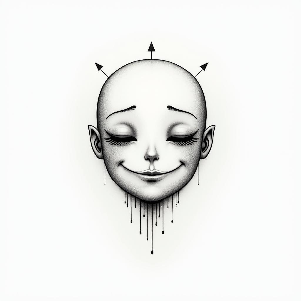 Sad face with a happy maskin minimalist style tattoo, featuring simple shapes and fine lines, with minimal shading and details, tiny triangles, creating a sense of balance and harmony