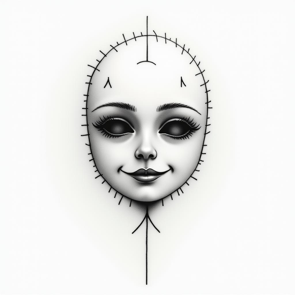 Sad face with a happy maskin minimalist style tattoo, featuring simple shapes and fine lines, with minimal shading and details, tiny triangles, creating a sense of balance and harmony - Variation 3