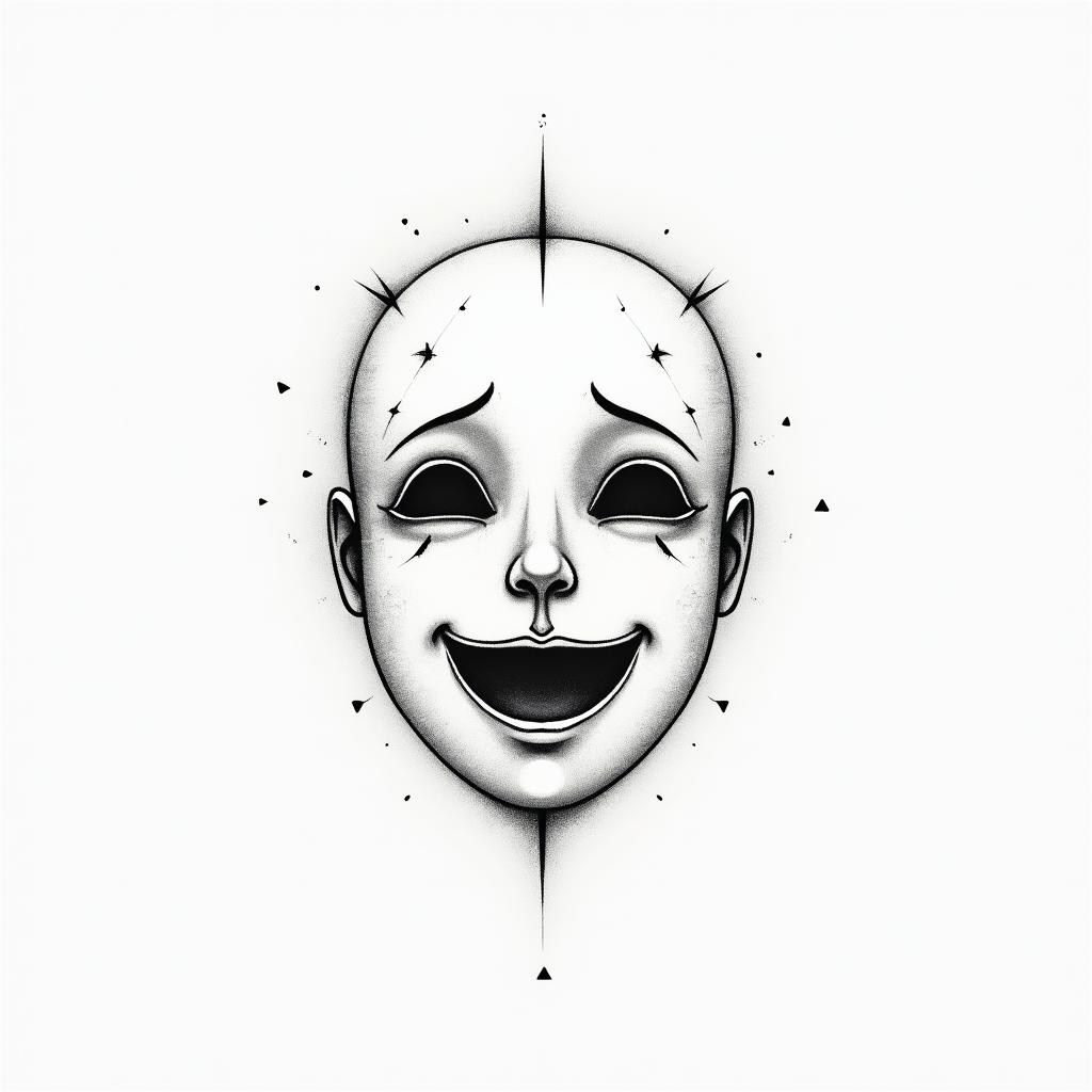 Sad face with a happy maskin minimalist style tattoo, featuring simple shapes and fine lines, with minimal shading and details, tiny triangles, creating a sense of balance and harmony - Variation 4