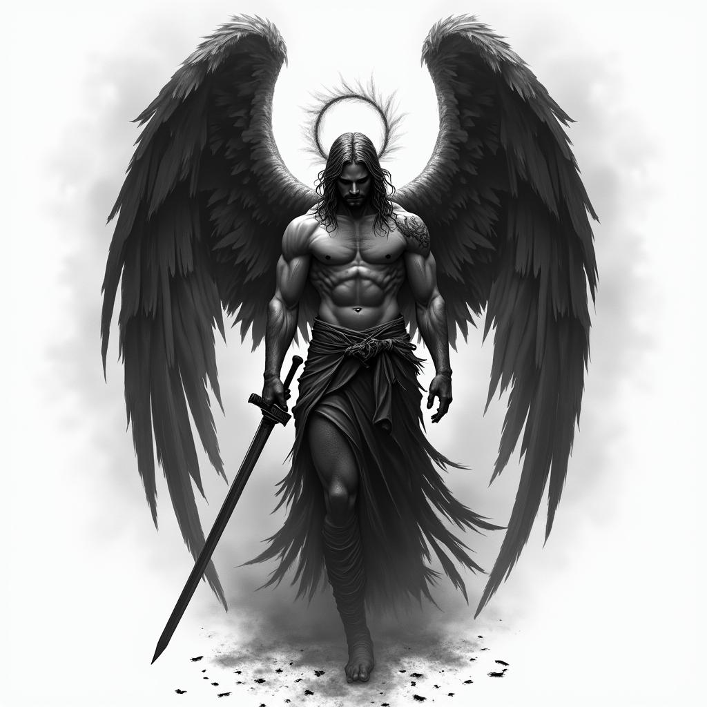 Black and gray tattoo design of a dark, powerful angel with large, detailed wings partially folded. The angel has a strong, muscular build, wearing a torn robe or armor, and holds a sword or rests it beside him. His face is calm but unreadable—eyes shadowed or looking downward. One wing could be slightly damaged or burned for a fallen-angel effect. Background includes smoke, cracked earth, or a faint heavenly glow breaking through clouds. Optional details: shattered halo, feathers blowing in the wind, or chains breaking at his feet. Style is realistic, dramatic, and spiritual—designed to flow vertically on the upper forearm, shoulder, or chest.in realism tattoo style, featuring a highly detailed, lifelike, capturing every detail, photorealistic, ultra realistic, intricate shading, smooth and sharp,   - Variation 3