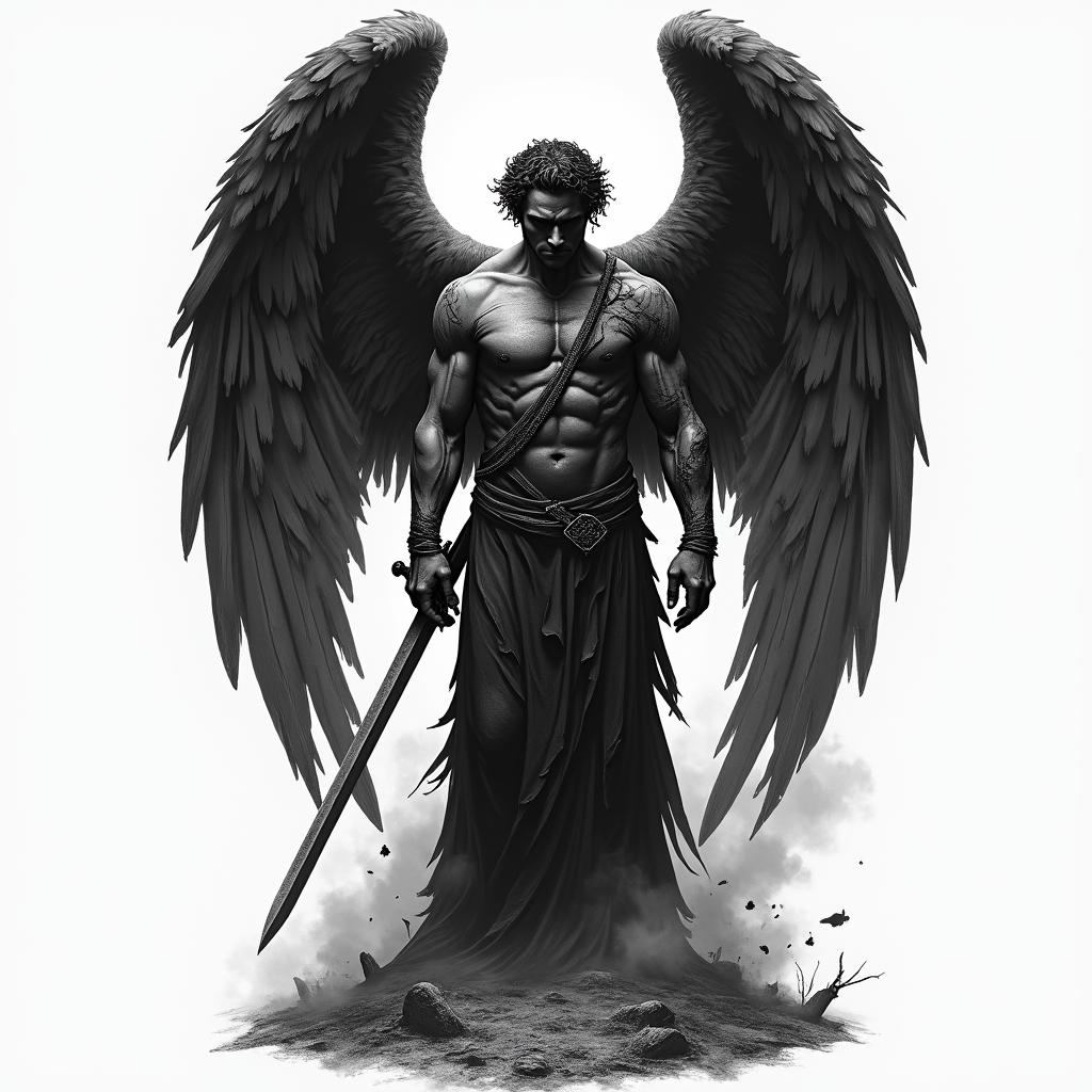 Black and gray tattoo design of a dark, powerful angel with large, detailed wings partially folded. The angel has a strong, muscular build, wearing a torn robe or armor, and holds a sword or rests it beside him. His face is calm but unreadable—eyes shadowed or looking downward. One wing could be slightly damaged or burned for a fallen-angel effect. Background includes smoke, cracked earth, or a faint heavenly glow breaking through clouds. Optional details: shattered halo, feathers blowing in the wind, or chains breaking at his feet. Style is realistic, dramatic, and spiritual—designed to flow vertically on the upper forearm, shoulder, or chest.in realism tattoo style, featuring a highly detailed, lifelike, capturing every detail, photorealistic, ultra realistic, intricate shading, smooth and sharp,   - Variation 4