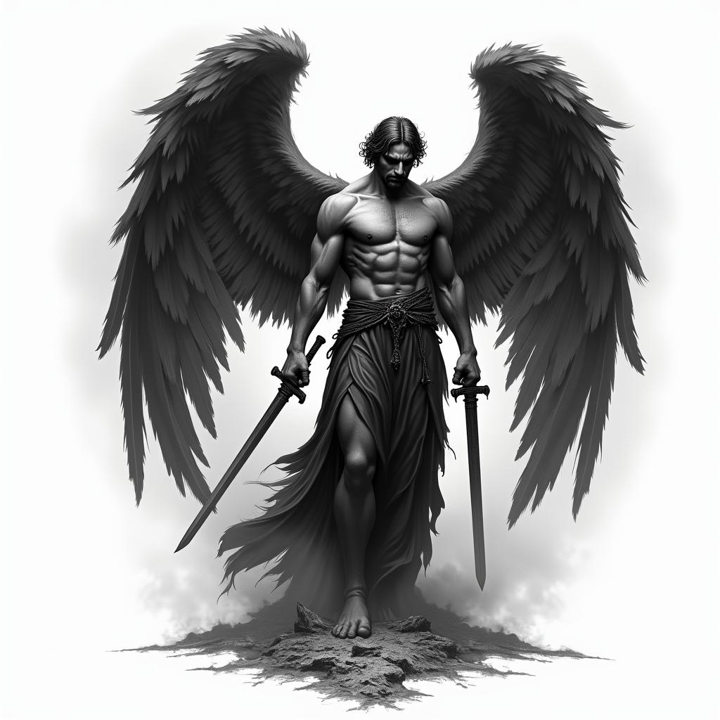 Black and gray tattoo design of a dark, powerful angel with large, detailed wings partially folded. The angel has a strong, muscular build, wearing a torn robe or armor, and holds a sword or rests it beside him. His face is calm but unreadable—eyes shadowed or looking downward. One wing could be slightly damaged or burned for a fallen-angel effect. Background includes smoke, cracked earth, or a faint heavenly glow breaking through clouds. Optional details: shattered halo, feathers blowing in the wind, or chains breaking at his feet. Style is realistic, dramatic, and spiritual—designed to flow vertically on the upper forearm, shoulder, or chest.in realism tattoo style, featuring a highly detailed, lifelike, capturing every detail, photorealistic, ultra realistic, intricate shading, smooth and sharp,   - Variation 2