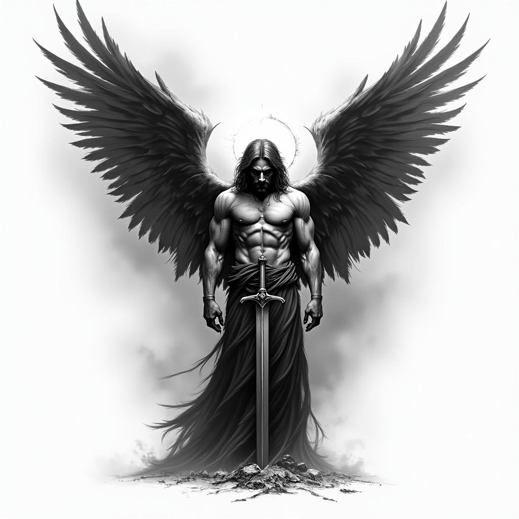 Black and gray tattoo design of a dark, powerful angel with large, detailed wings partially folded. The angel has a strong, muscular build, wearing a torn robe or armor, and holds a sword or rests it beside him. His face is calm but unreadable—eyes shadowed or looking downward. One wing could be slightly damaged or burned for a fallen-angel effect. Background includes smoke, cracked earth, or a faint heavenly glow breaking through clouds. Optional details: shattered halo, feathers blowing in the wind, or chains breaking at his feet. Style is realistic, dramatic, and spiritual—designed to flow vertically on the upper forearm, shoulder, or chest.in realism tattoo style, featuring a highly detailed, lifelike, capturing every detail, photorealistic, ultra realistic, intricate shading, smooth and sharp,  