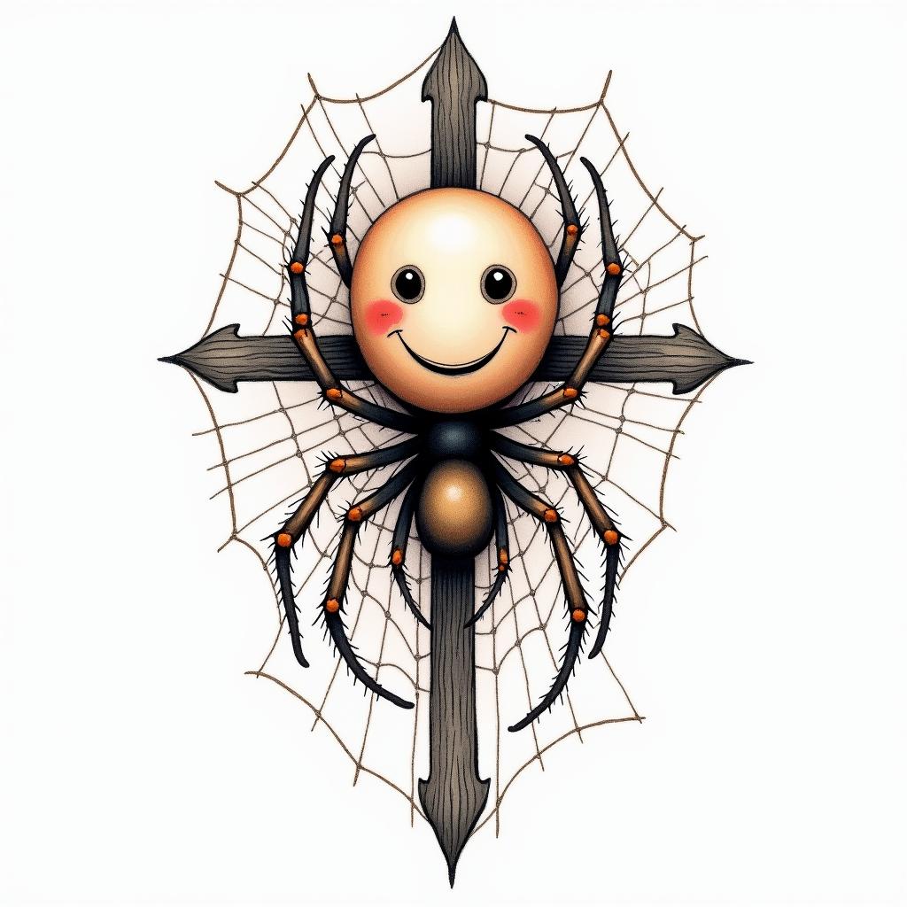 An abstract tattoo design featuring a smiley face symbolizing happiness intertwined with a spider and its web, representing resilience and sticking around, alongside a simple cross symbolizing life. The overall design should be open to interpretation, combining all elements harmoniously, in a vibrant watercolor style with flowing colors.higly detailed tattoo