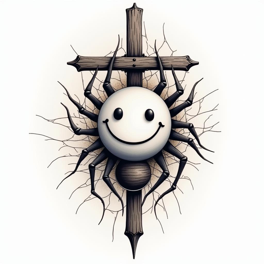 An abstract tattoo design featuring a smiley face symbolizing happiness intertwined with a spider and its web, representing resilience and sticking around, alongside a simple cross symbolizing life. The overall design should be open to interpretation, combining all elements harmoniously, in a vibrant watercolor style with flowing colors.higly detailed tattoo - Variation 4