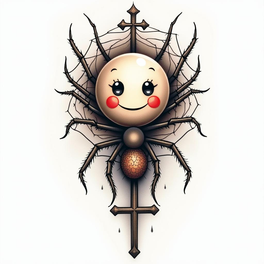 An abstract tattoo design featuring a smiley face symbolizing happiness intertwined with a spider and its web, representing resilience and sticking around, alongside a simple cross symbolizing life. The overall design should be open to interpretation, combining all elements harmoniously, in a vibrant watercolor style with flowing colors.higly detailed tattoo - Variation 2