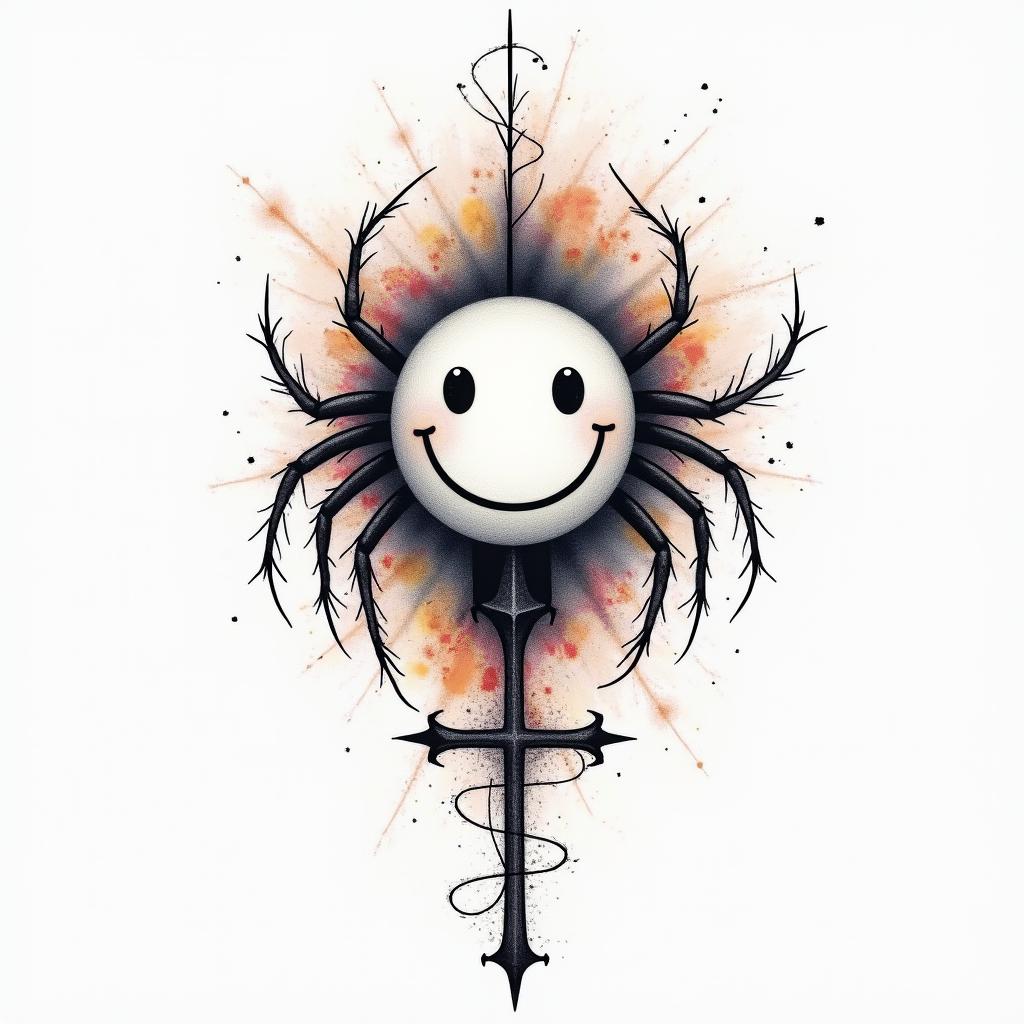 An abstract tattoo design featuring a smiley face symbolizing happiness intertwined with a spider and its web, representing resilience and sticking around, alongside a simple cross symbolizing life. The overall design should be open to interpretation, combining all elements harmoniously, in a vibrant watercolor style with flowing colors.higly detailed tattoo - Variation 3