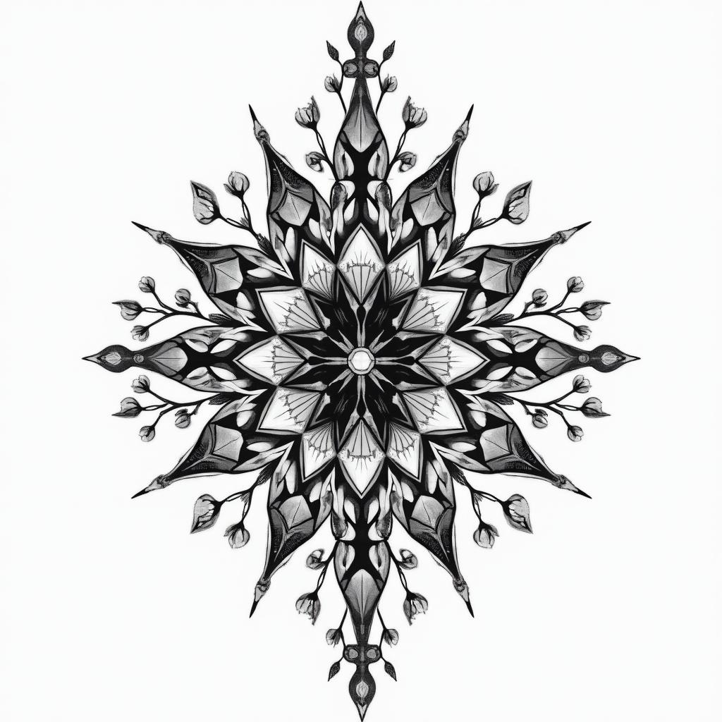 Aquarius in geometric style tattoo, blending hexagons, mandala-inspired patterns, symmetrical and fractal design, clean lines, sharp angles - Variation 2