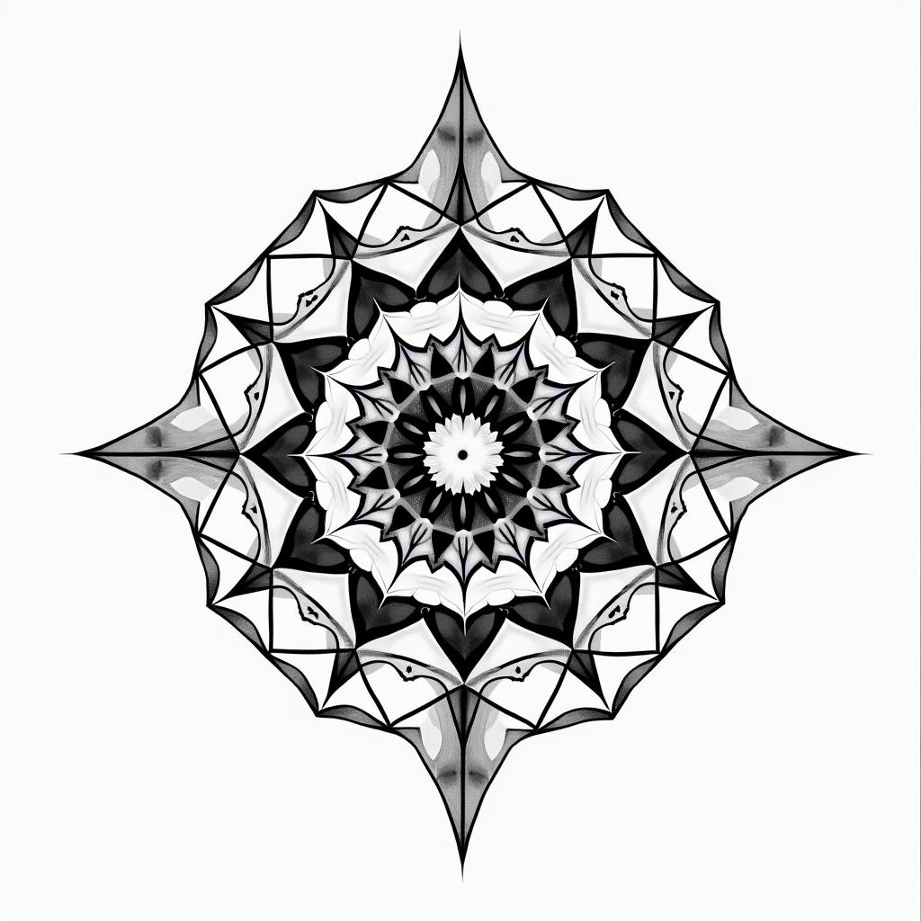 Aquarius in geometric style tattoo, blending hexagons, mandala-inspired patterns, symmetrical and fractal design, clean lines, sharp angles - Variation 4