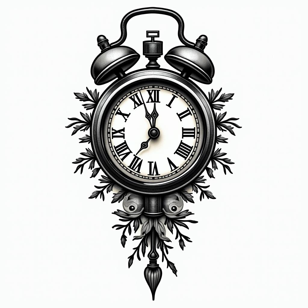 Clock oliviain authentic tattoo style, incorporating traditional modifications, bold black outlines, solid color fills, featuring classic authentic elements - Variation 3