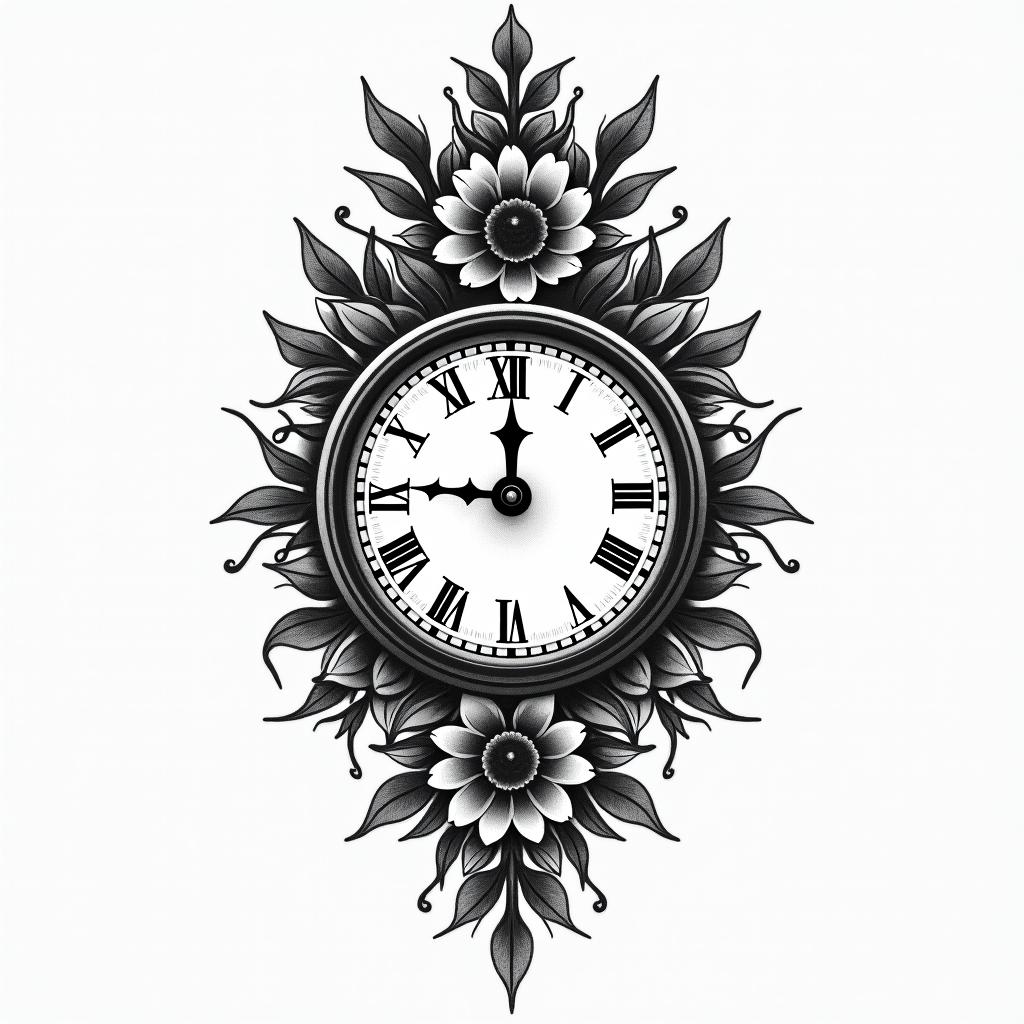 Clock oliviain authentic tattoo style, incorporating traditional modifications, bold black outlines, solid color fills, featuring classic authentic elements - Variation 2