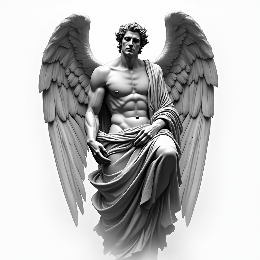 Black and gray tattoo design of a Renaissance-style angel inspired by Michelangelo’s art. The angel is masculine, graceful, and powerful, sitting or standing with large, detailed feathered wings fully visible. The wings extend elegantly behind him, with soft light or smoke in the background. His expression is calm, stoic, and reflective—capturing a sense of divine strength and stillness. Robes flow naturally around his body, lightly tattered or wind-swept. The shading should resemble classical marble sculpture with soft contrast and realism. Ideal for a forearm, bicep, or upper chest piece with strong vertical flowhigly detailed tattoo
