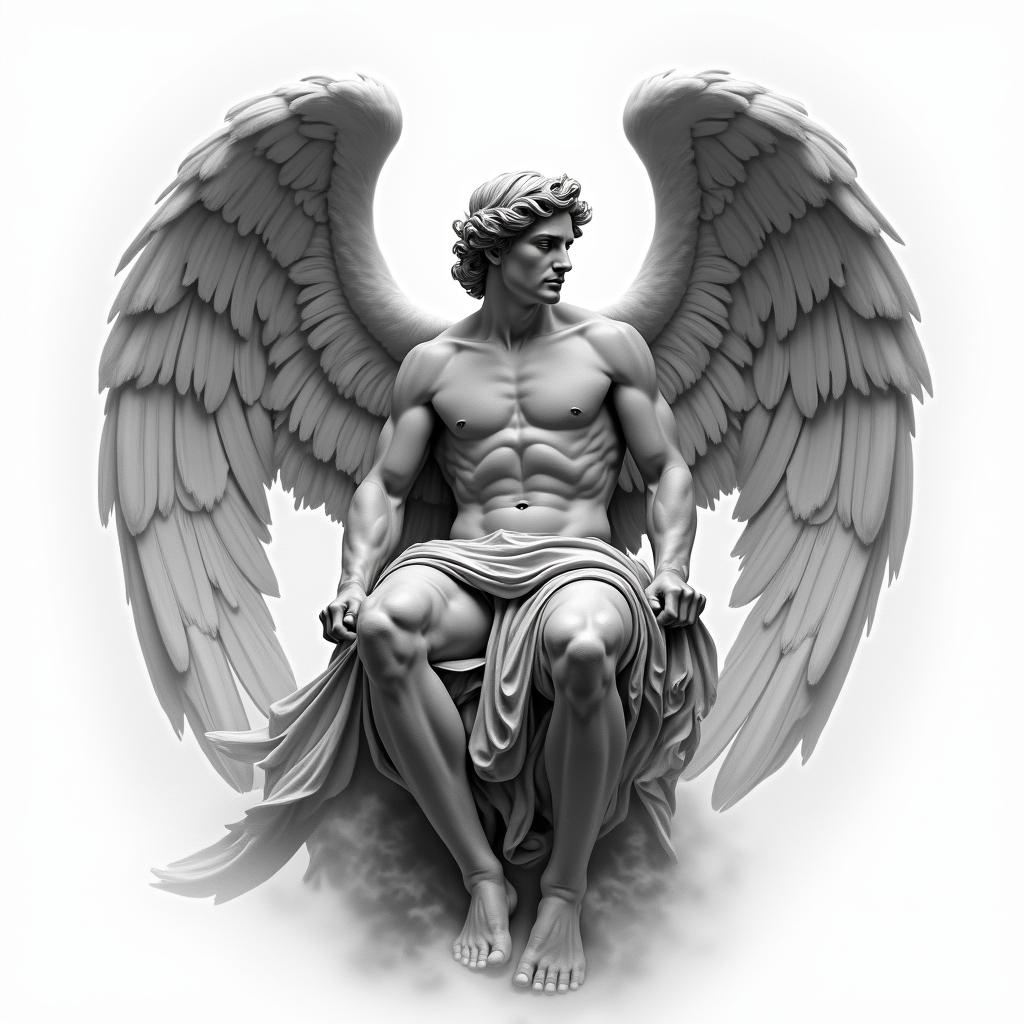 Black and gray tattoo design of a Renaissance-style angel inspired by Michelangelo’s art. The angel is masculine, graceful, and powerful, sitting or standing with large, detailed feathered wings fully visible. The wings extend elegantly behind him, with soft light or smoke in the background. His expression is calm, stoic, and reflective—capturing a sense of divine strength and stillness. Robes flow naturally around his body, lightly tattered or wind-swept. The shading should resemble classical marble sculpture with soft contrast and realism. Ideal for a forearm, bicep, or upper chest piece with strong vertical flowhigly detailed tattoo - Variation 3