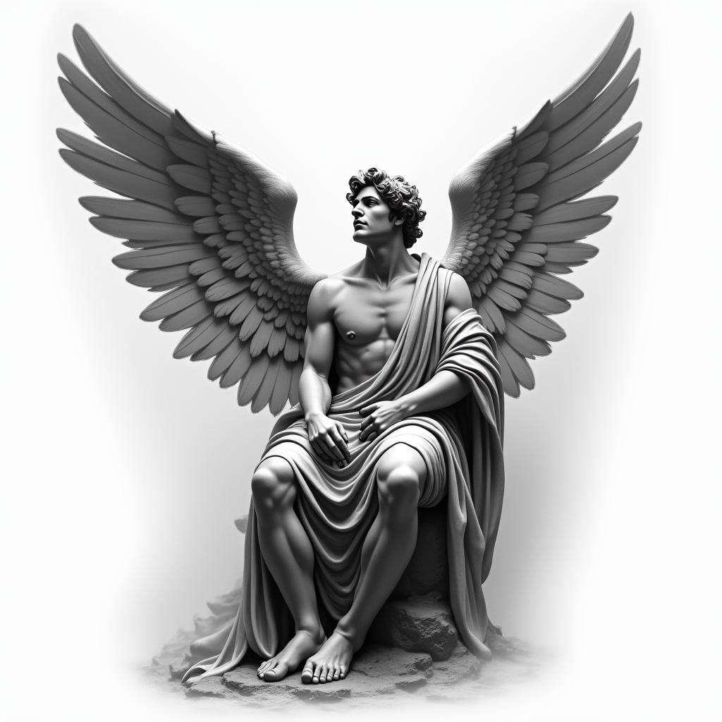 Black and gray tattoo design of a Renaissance-style angel inspired by Michelangelo’s art. The angel is masculine, graceful, and powerful, sitting or standing with large, detailed feathered wings fully visible. The wings extend elegantly behind him, with soft light or smoke in the background. His expression is calm, stoic, and reflective—capturing a sense of divine strength and stillness. Robes flow naturally around his body, lightly tattered or wind-swept. The shading should resemble classical marble sculpture with soft contrast and realism. Ideal for a forearm, bicep, or upper chest piece with strong vertical flowhigly detailed tattoo - Variation 2