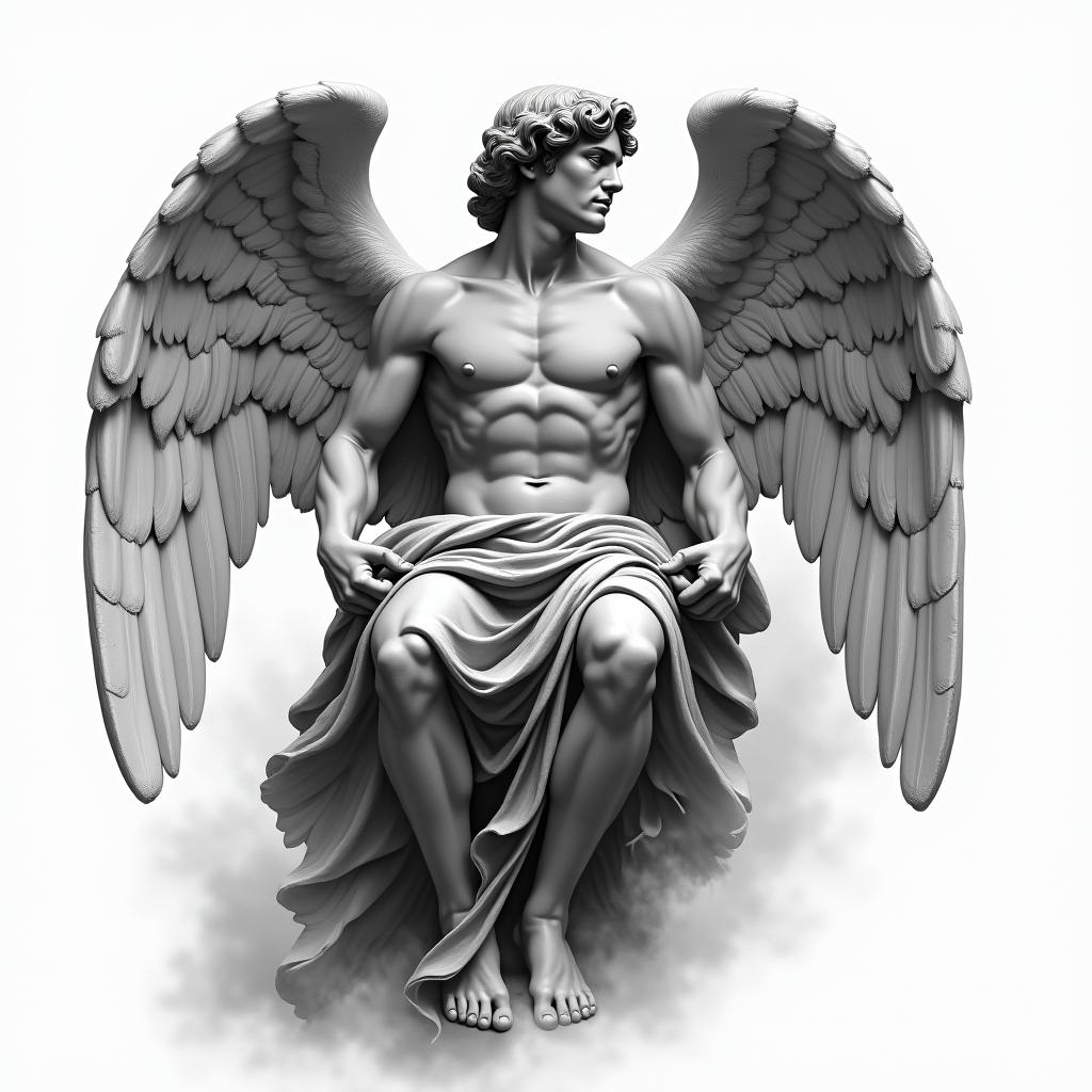 Black and gray tattoo design of a Renaissance-style angel inspired by Michelangelo’s art. The angel is masculine, graceful, and powerful, sitting or standing with large, detailed feathered wings fully visible. The wings extend elegantly behind him, with soft light or smoke in the background. His expression is calm, stoic, and reflective—capturing a sense of divine strength and stillness. Robes flow naturally around his body, lightly tattered or wind-swept. The shading should resemble classical marble sculpture with soft contrast and realism. Ideal for a forearm, bicep, or upper chest piece with strong vertical flowhigly detailed tattoo - Variation 4