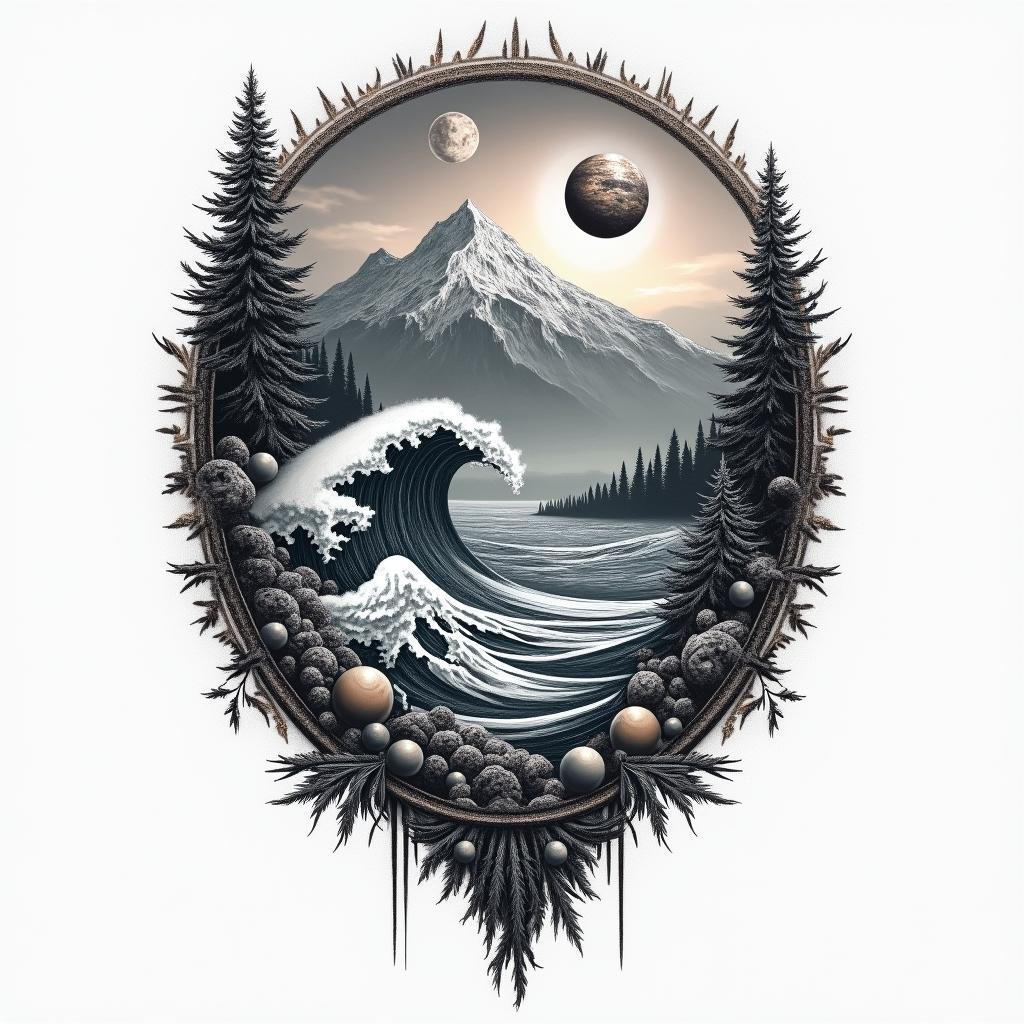 A detailed tattoo scene depicting an awesome wave crashing against a majestic mountain, surrounded by lush forests and an expansive sky filled with planets, conveying a sense of awe and wonder. The design should incorporate vivid colors and intricate elements to highlight the beauty of nature and the cosmos, symbolizing the connection between water, land, and space.higly detailed tattoo