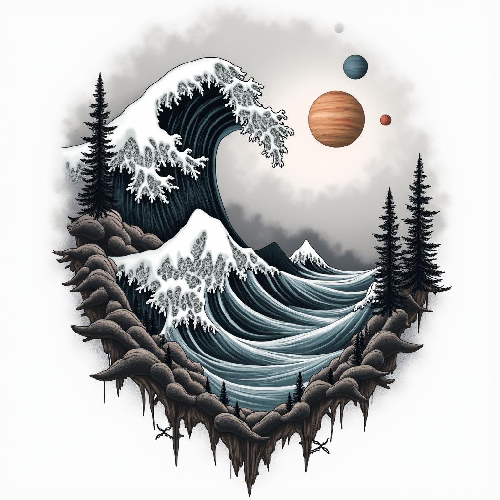 A detailed tattoo scene depicting an awesome wave crashing against a majestic mountain, surrounded by lush forests and an expansive sky filled with planets, conveying a sense of awe and wonder. The design should incorporate vivid colors and intricate elements to highlight the beauty of nature and the cosmos, symbolizing the connection between water, land, and space.higly detailed tattoo - Variation 2
