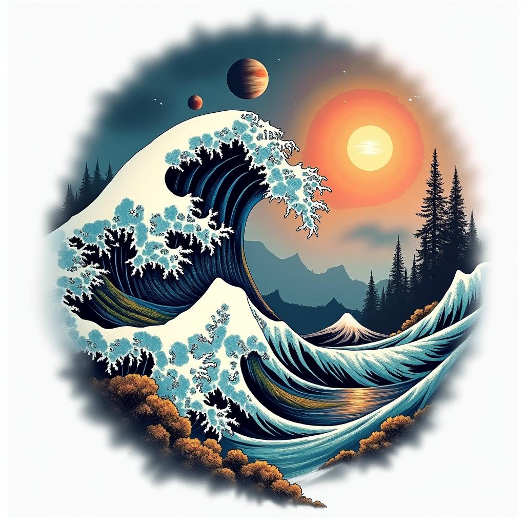 A detailed tattoo scene depicting an awesome wave crashing against a majestic mountain, surrounded by lush forests and an expansive sky filled with planets, conveying a sense of awe and wonder. The design should incorporate vivid colors and intricate elements to highlight the beauty of nature and the cosmos, symbolizing the connection between water, land, and space.higly detailed tattoo - Variation 3