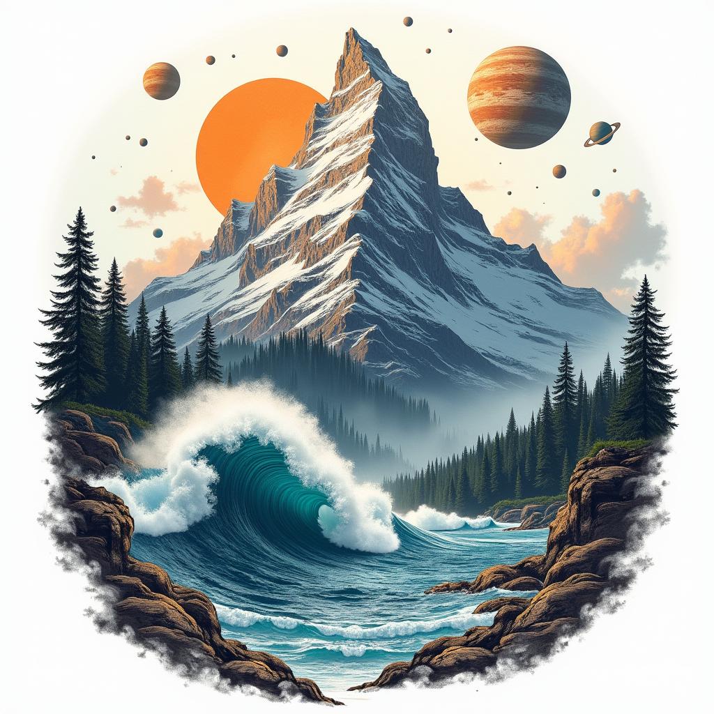 A detailed tattoo scene depicting an awesome wave crashing against a majestic mountain, surrounded by lush forests and an expansive sky filled with planets, conveying a sense of awe and wonder. The design should incorporate vivid colors and intricate elements to highlight the beauty of nature and the cosmos, symbolizing the connection between water, land, and space.higly detailed tattoo - Variation 4