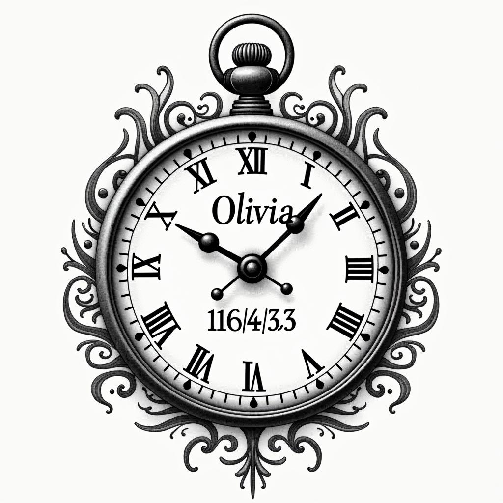 A vintage clockface tattoo design featuring the time 06:33, beautifully adorned with the name "Olivia" artistically intertwined within the clock, and the date "11/04/20" elegantly incorporated in a harmonious manner. The overall aesthetic should evoke feelings of warmth and nostalgia, capturing the precious moment of the birth of Olivia Grace Streeter.higly detailed tattoo - Variation 4