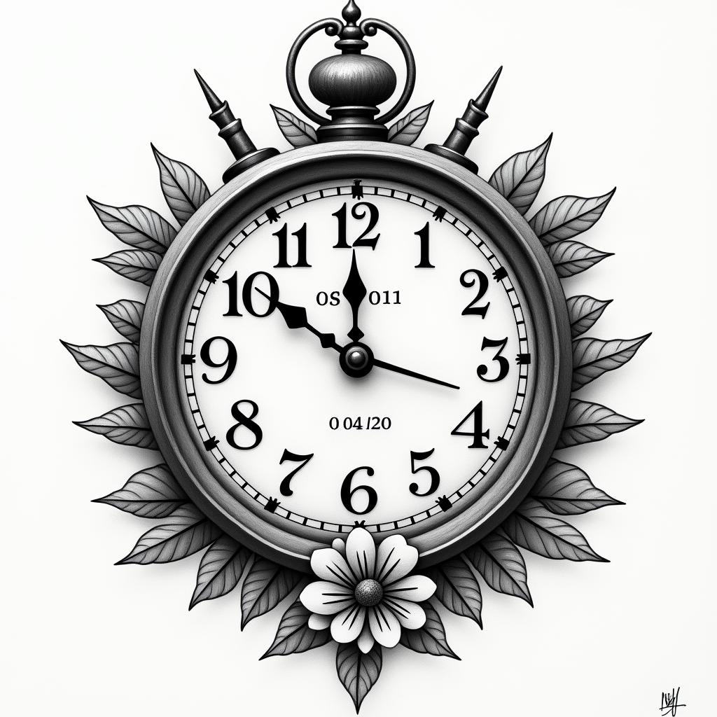 A vintage clockface tattoo design featuring the time 06:33, beautifully adorned with the name "Olivia" artistically intertwined within the clock, and the date "11/04/20" elegantly incorporated in a harmonious manner. The overall aesthetic should evoke feelings of warmth and nostalgia, capturing the precious moment of the birth of Olivia Grace Streeter.higly detailed tattoo - Variation 2