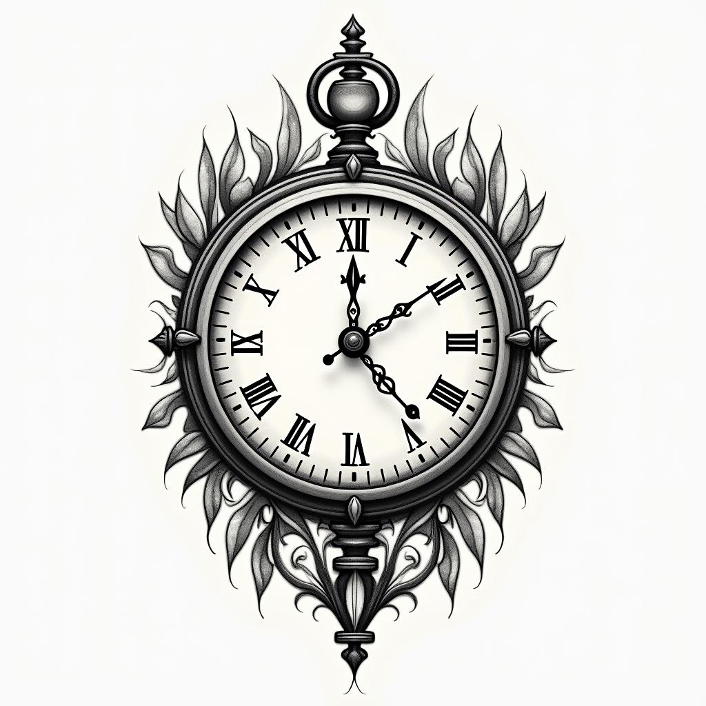 A vintage clockface tattoo design featuring the time 06:33, beautifully adorned with the name "Olivia" artistically intertwined within the clock, and the date "11/04/20" elegantly incorporated in a harmonious manner. The overall aesthetic should evoke feelings of warmth and nostalgia, capturing the precious moment of the birth of Olivia Grace Streeter.higly detailed tattoo - Variation 3