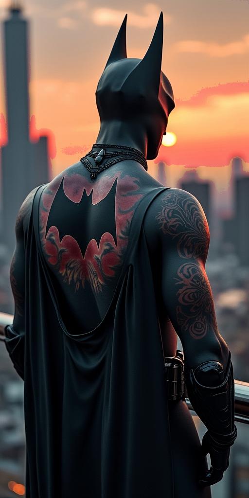 Batman silhouette against a Gotham skylinein new school tattoo, pop culture, modern, detailed tattoo, illustrative - Variation 2