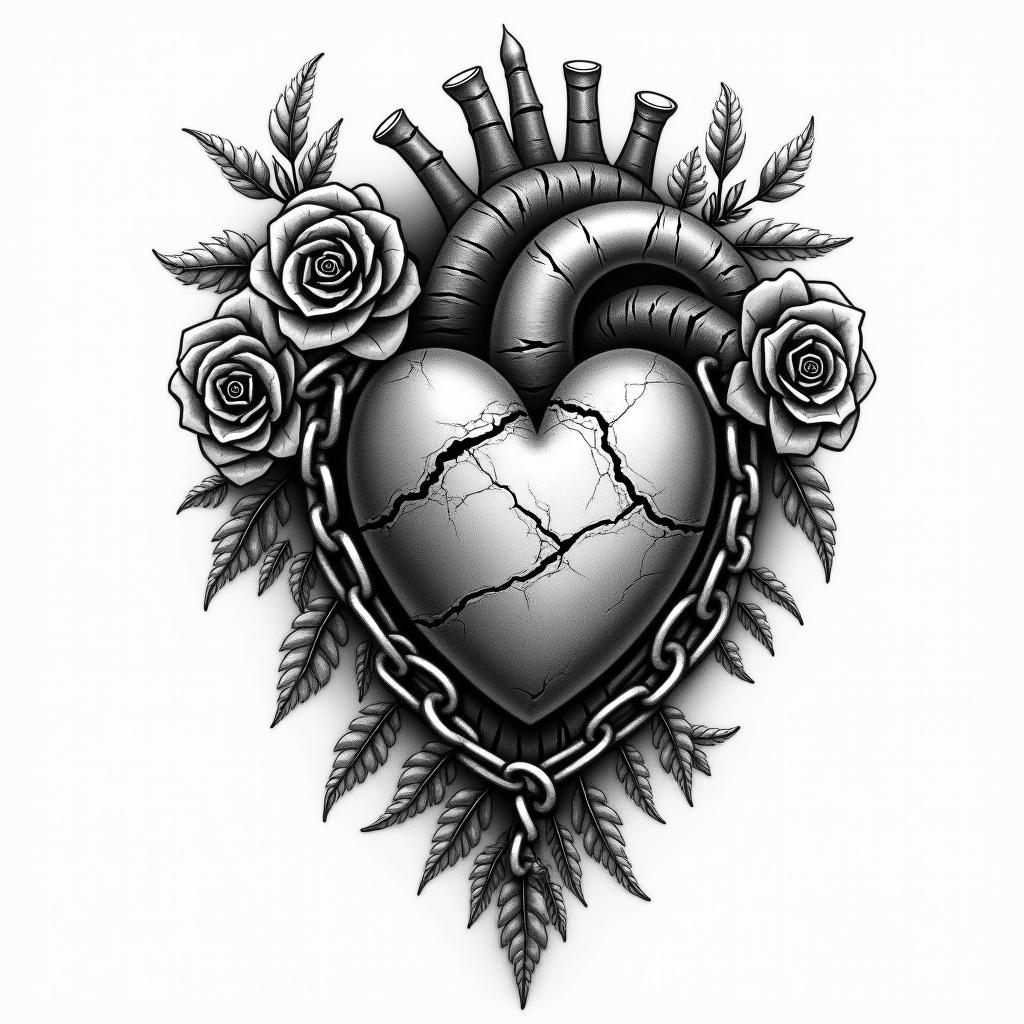Black and grey traditional broken heart with a chain wrapped around symbolizing keeping your heart guarded. Make the heart look rugged and weathered with cracks and torn pieces. Make the chain holding the heart from falling apart. Make the chain
look battle worn with deep gouges. Make the over all tone dark and gloomyin victorian style tattoo, featuring vintage and elegant elements, ornate frames, roses, antique, sepia-toned color scheme - Variation 4