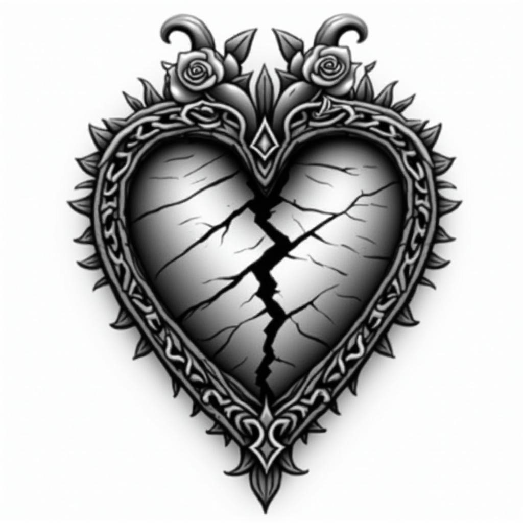 Black and grey traditional broken heart with a chain wrapped around symbolizing keeping your heart guarded. Make the heart look rugged and weathered with cracks and torn pieces. Make the chain holding the heart from falling apart. Make the chain
look battle worn with deep gouges. Make the over all tone dark and gloomyin victorian style tattoo, featuring vintage and elegant elements, ornate frames, roses, antique, sepia-toned color scheme