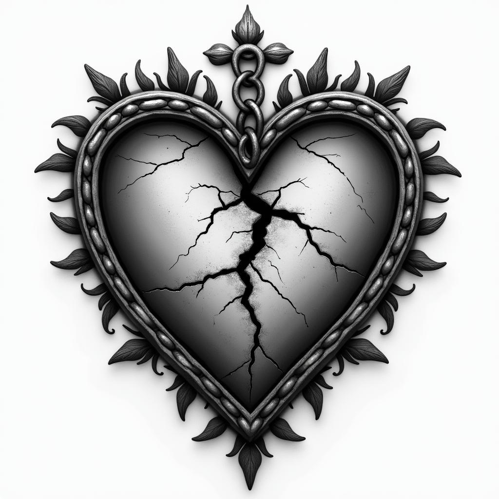 Black and grey traditional broken heart with a chain wrapped around symbolizing keeping your heart guarded. Make the heart look rugged and weathered with cracks and torn pieces. Make the chain holding the heart from falling apart. Make the chain
look battle worn with deep gouges. Make the over all tone dark and gloomyin victorian style tattoo, featuring vintage and elegant elements, ornate frames, roses, antique, sepia-toned color scheme - Variation 3