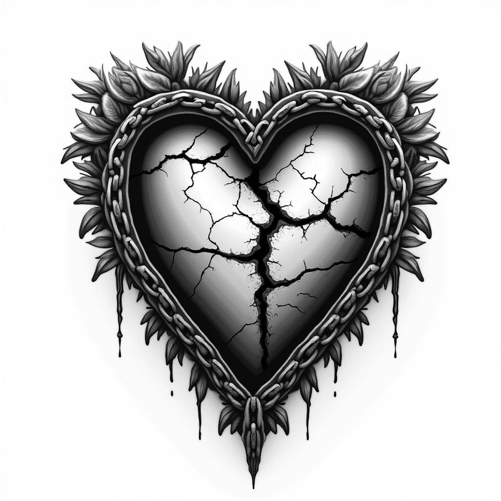Black and grey traditional broken heart with a chain wrapped around symbolizing keeping your heart guarded. Make the heart look rugged and weathered with cracks and torn pieces. Make the chain holding the heart from falling apart. Make the chain
look battle worn with deep gouges. Make the over all tone dark and gloomyin victorian style tattoo, featuring vintage and elegant elements, ornate frames, roses, antique, sepia-toned color scheme - Variation 2