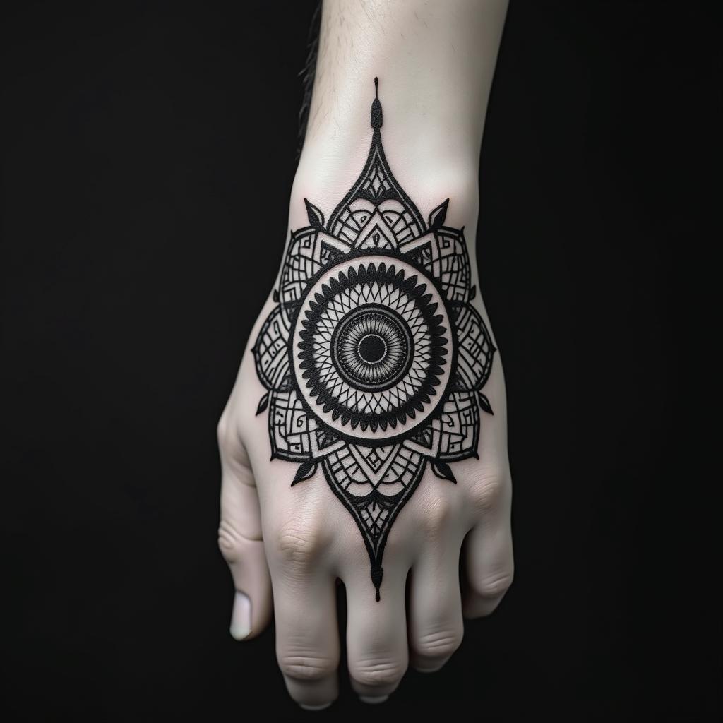 Athena, the goddess of war, fire in geometric style tattoo, blending hexagons, mandala-inspired patterns, symmetrical and fractal design, clean lines, sharp angles - Variation 3