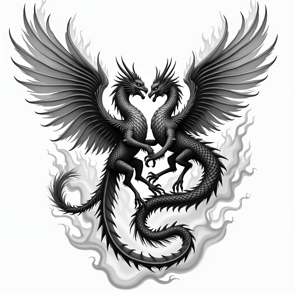 A two-headed griffin, symbolizing life and death, good and evil, fierce and majestic with flames surrounding it, engaged in a struggle against a strong and fierce Chinese dragon, conveying a sense of conflict and struggle, highly detailed and dynamic composition.higly detailed tattoo - Variation 3