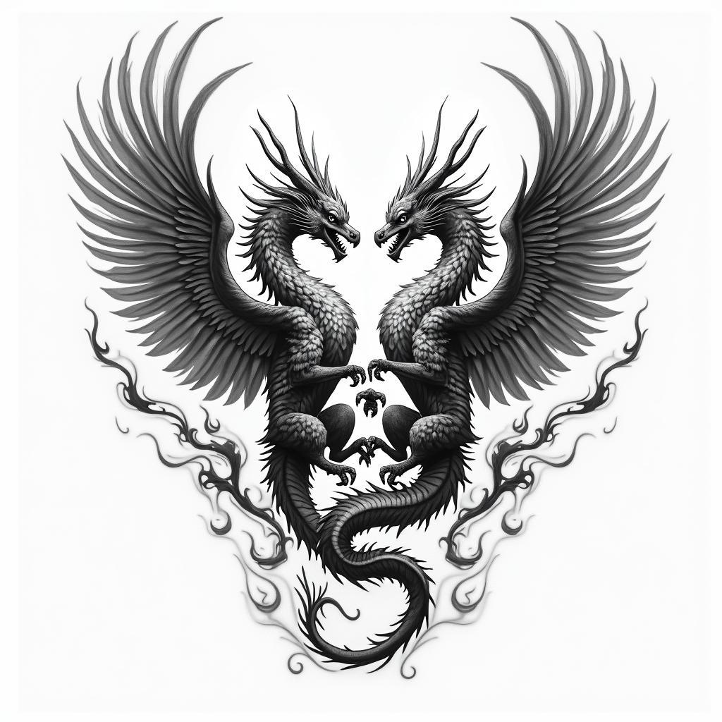 A two-headed griffin, symbolizing life and death, good and evil, fierce and majestic with flames surrounding it, engaged in a struggle against a strong and fierce Chinese dragon, conveying a sense of conflict and struggle, highly detailed and dynamic composition.higly detailed tattoo