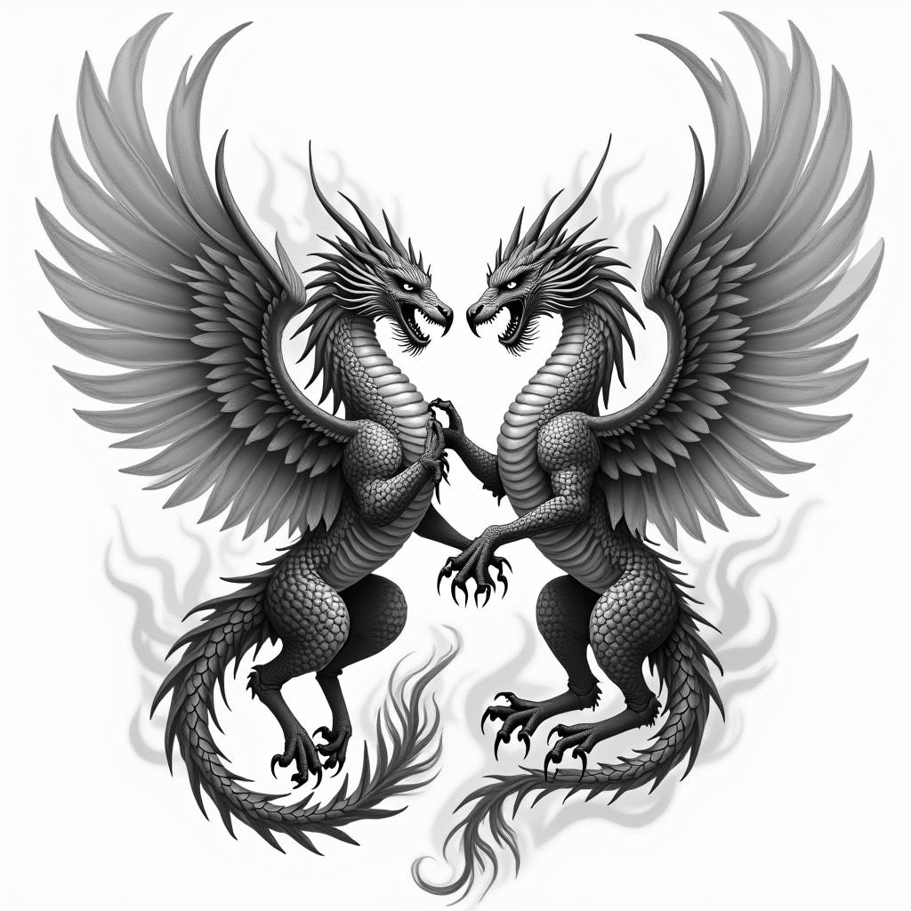 A two-headed griffin, symbolizing life and death, good and evil, fierce and majestic with flames surrounding it, engaged in a struggle against a strong and fierce Chinese dragon, conveying a sense of conflict and struggle, highly detailed and dynamic composition.higly detailed tattoo - Variation 4