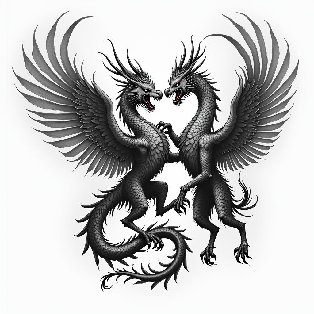 A two-headed griffin, symbolizing life and death, good and evil, fierce and majestic with flames surrounding it, engaged in a struggle against a strong and fierce Chinese dragon, conveying a sense of conflict and struggle, highly detailed and dynamic composition.higly detailed tattoo - Variation 2