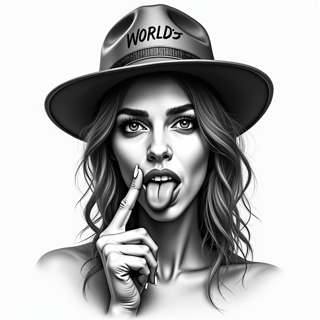 Chicano woman, sticking out her tongue, middle finger up, winking, wearing a hat with the phrase "the world is yours" on it.higly detailed tattoo