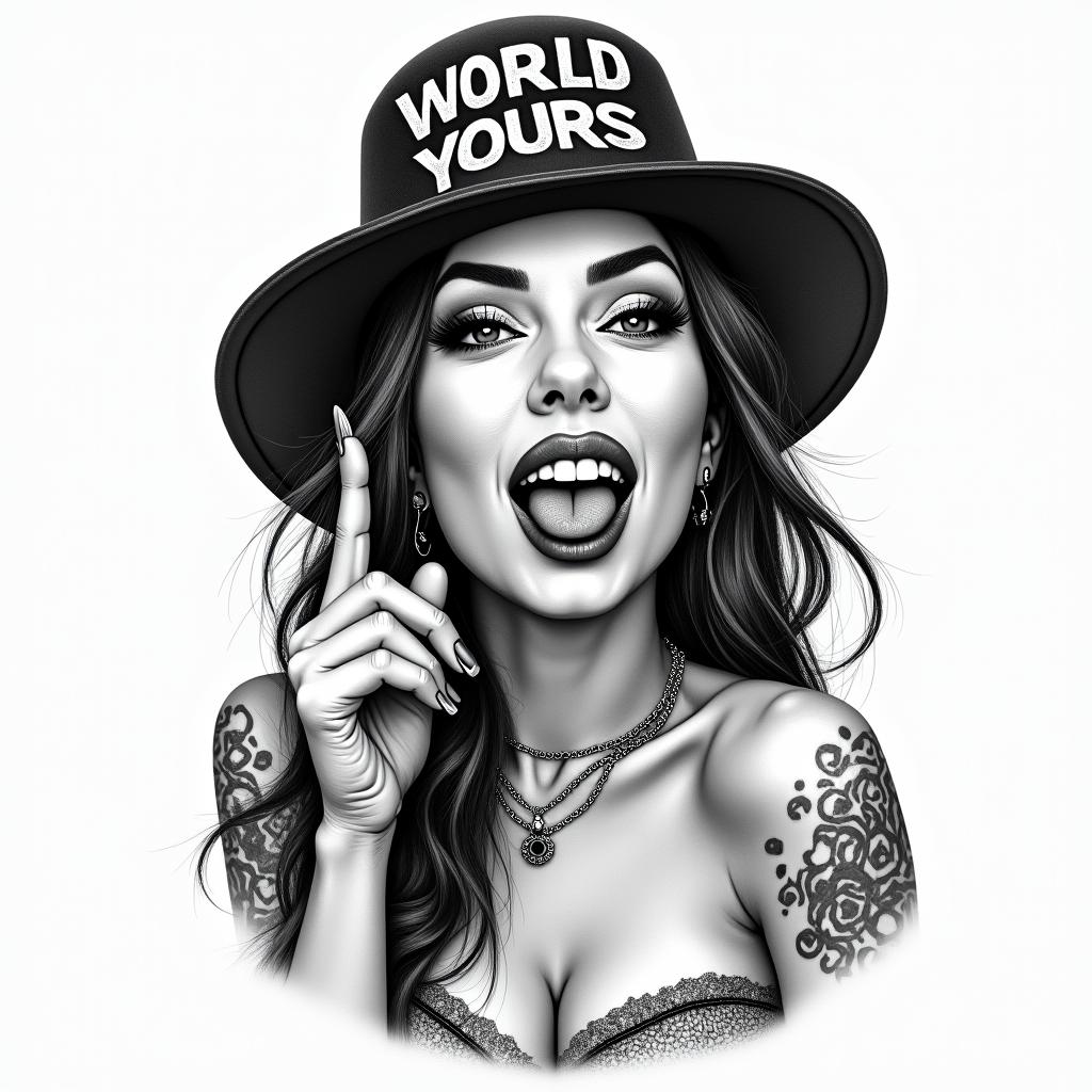 Chicano woman, sticking out her tongue, middle finger up, winking, wearing a hat with the phrase "the world is yours" on it.higly detailed tattoo - Variation 3