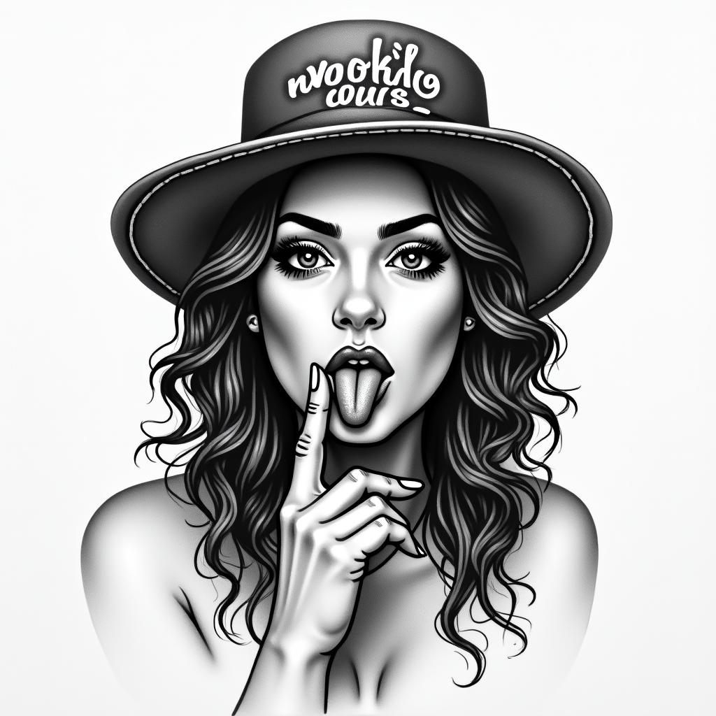 Chicano woman, sticking out her tongue, middle finger up, winking, wearing a hat with the phrase "the world is yours" on it.higly detailed tattoo - Variation 4