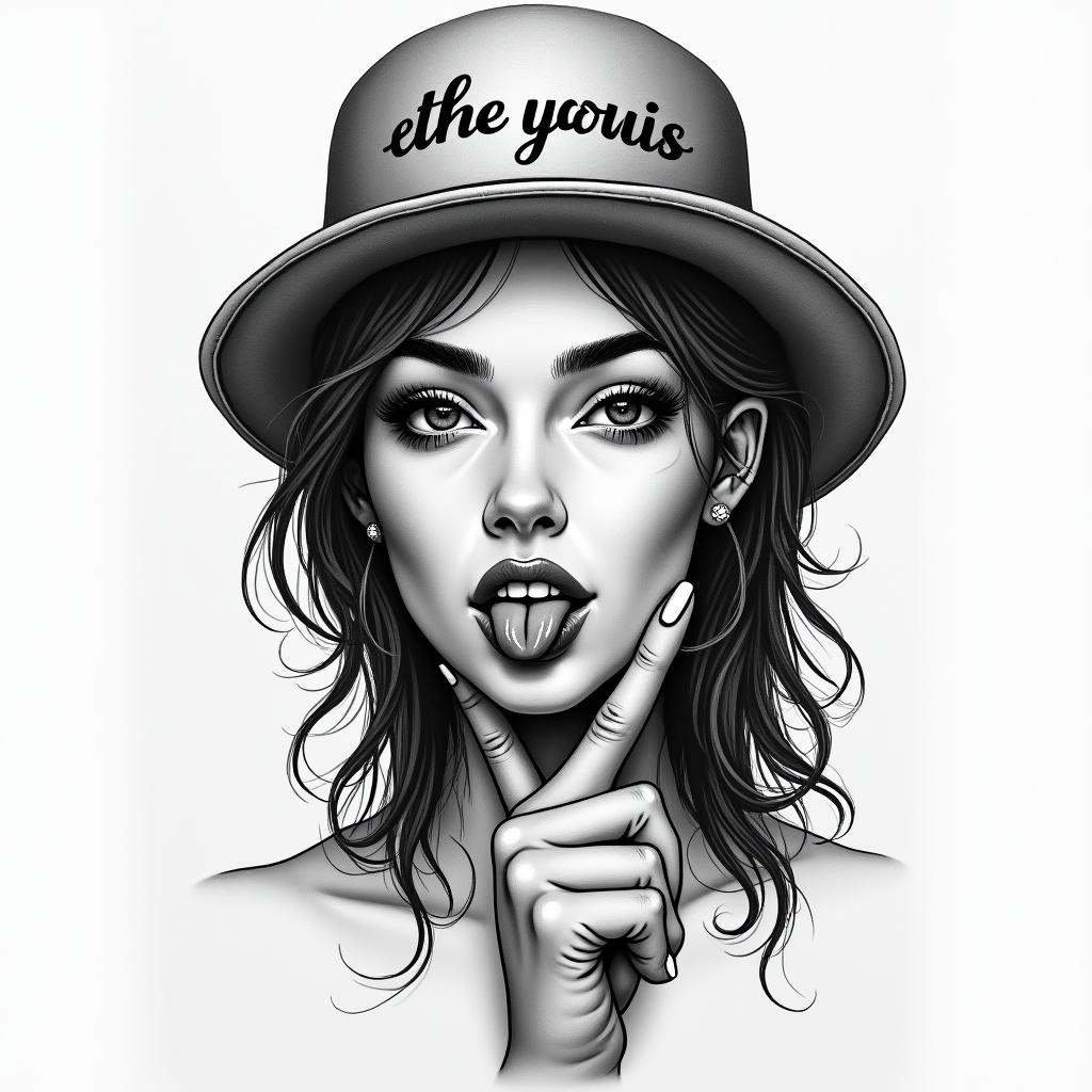 Chicano woman, sticking out her tongue, middle finger up, winking, wearing a hat with the phrase "the world is yours" on it.higly detailed tattoo - Variation 2