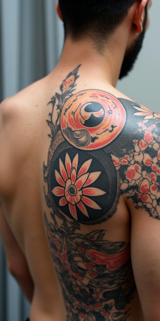 Simple triangle with a line throughin japanese style tattoo, detailed tattoo, traditional japanese culture tattoo, mythology, 8k - Variation 3