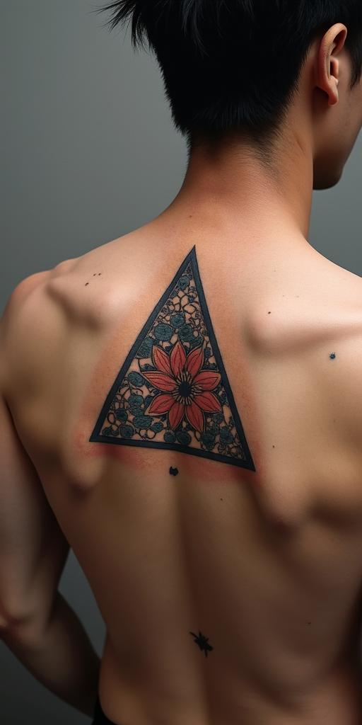 Simple triangle with a line throughin japanese style tattoo, detailed tattoo, traditional japanese culture tattoo, mythology, 8k - Variation 2