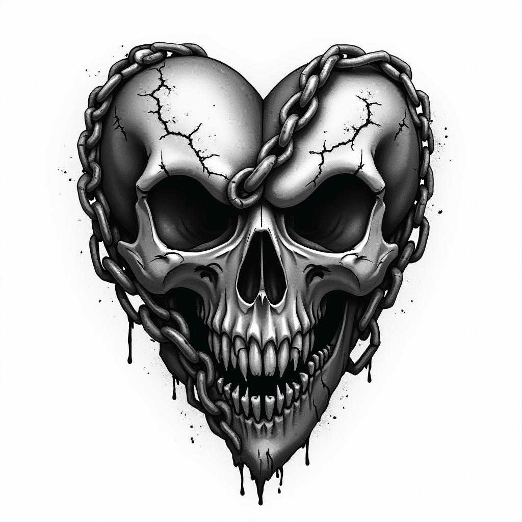 Black and grey traditional broken heart with a chain wrapped around symbolizing keeping your heart guarded. Make the heart look rugged and weathered with cracks and torn pieces. Make the chain holding the heart from falling apart. Make the chain 
look battle worn with deep gouges. Make the over all tone dark and gloomycreepy horror tattoo style, featuring an eerie and unsettling skull of a demonic creature, distorted face with sharp fangs, add pentagram symbol - Variation 2