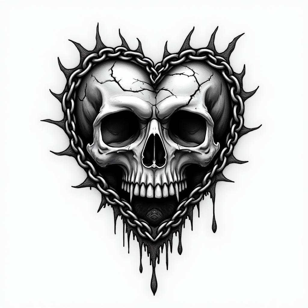 Black and grey traditional broken heart with a chain wrapped around symbolizing keeping your heart guarded. Make the heart look rugged and weathered with cracks and torn pieces. Make the chain holding the heart from falling apart. Make the chain 
look battle worn with deep gouges. Make the over all tone dark and gloomycreepy horror tattoo style, featuring an eerie and unsettling skull of a demonic creature, distorted face with sharp fangs, add pentagram symbol - Variation 4