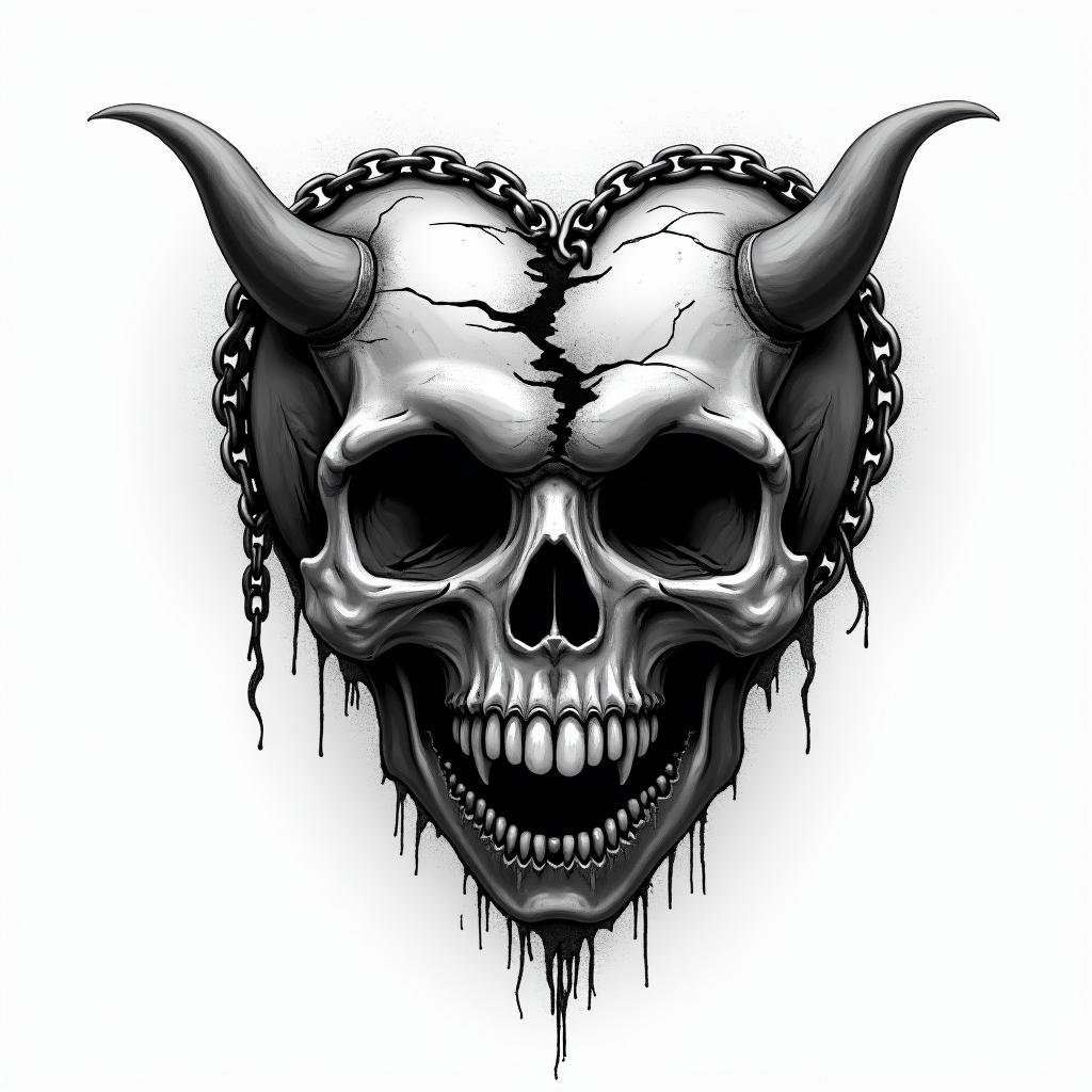 Black and grey traditional broken heart with a chain wrapped around symbolizing keeping your heart guarded. Make the heart look rugged and weathered with cracks and torn pieces. Make the chain holding the heart from falling apart. Make the chain 
look battle worn with deep gouges. Make the over all tone dark and gloomycreepy horror tattoo style, featuring an eerie and unsettling skull of a demonic creature, distorted face with sharp fangs, add pentagram symbol - Variation 3