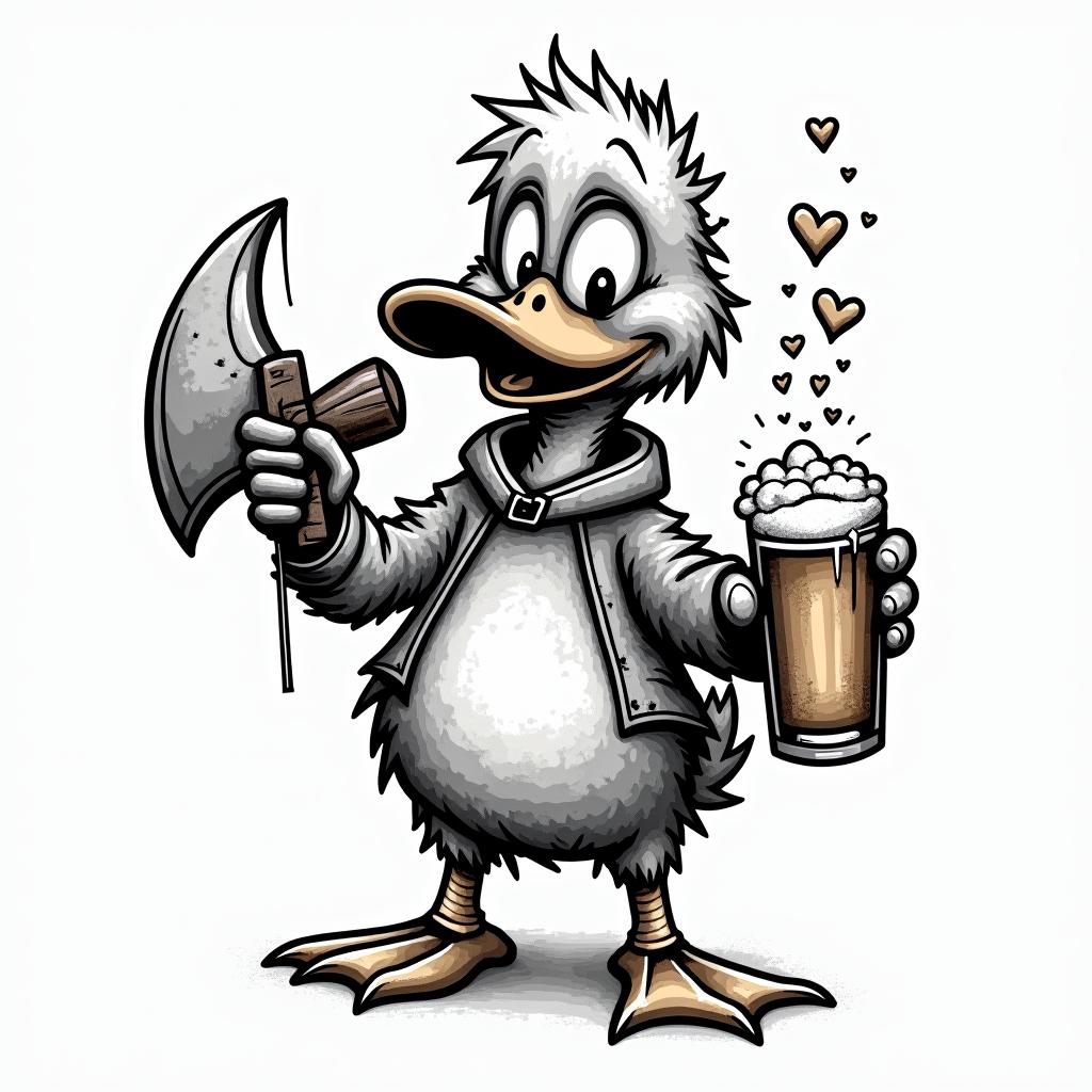 Cartoon duck carrying a pint of beer and an woodcutter axein graffiti style tattoo, featuring bold and dynamic street art elements, spray-paint texture with exaggerated lines and expressive, chaotic brushstrokes, intricate lettering incorporated with graffiti tags, symbols like hearts, stars, and wings - Variation 3