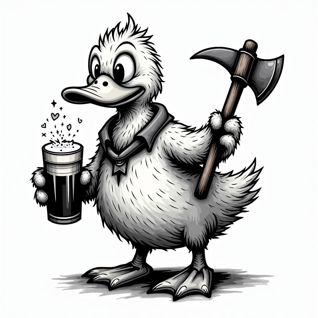 Cartoon duck carrying a pint of beer and an woodcutter axein graffiti style tattoo, featuring bold and dynamic street art elements, spray-paint texture with exaggerated lines and expressive, chaotic brushstrokes, intricate lettering incorporated with graffiti tags, symbols like hearts, stars, and wings - Variation 4