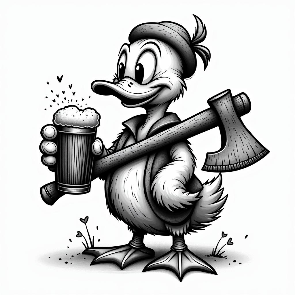 Cartoon duck carrying a pint of beer and an woodcutter axein graffiti style tattoo, featuring bold and dynamic street art elements, spray-paint texture with exaggerated lines and expressive, chaotic brushstrokes, intricate lettering incorporated with graffiti tags, symbols like hearts, stars, and wings