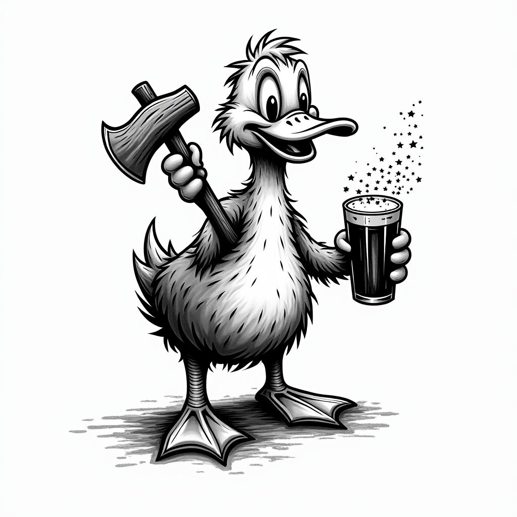 Cartoon duck carrying a pint of beer and an woodcutter axein graffiti style tattoo, featuring bold and dynamic street art elements, spray-paint texture with exaggerated lines and expressive, chaotic brushstrokes, intricate lettering incorporated with graffiti tags, symbols like hearts, stars, and wings - Variation 2