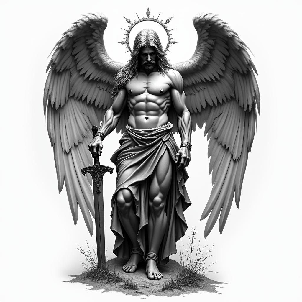 Black and gray tattoo design of a powerful, masculine fallen angel positioned across the shoulder and upper bicep. The angel has large, detailed feathered wings—partially folded or slightly tattered—extending around the shoulder cap. He is standing or kneeling with a calm, unreadable expression, wearing cracked armor or tattered robes, inspired by Michelangelo-style Renaissance sculpture. One hand may rest on a sword planted in the ground or hanging from his back. The background includes light smoke, subtle falling feathers, and faint cracks in the earth or stone texture. Optional detail: a barely visible cracked halo behind his head, and a small scripture or Latin quote hidden along a feather or robe. The shading is realistic, dramatic, and sculptural—designed to flow with upper arm anatomy and connect into future chest or back tattoohigly detailed tattoo - Variation 2